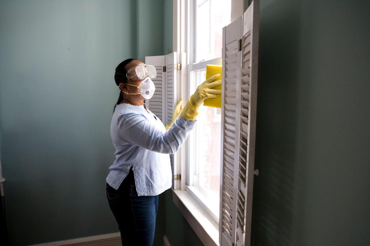 Person cleaning an office window